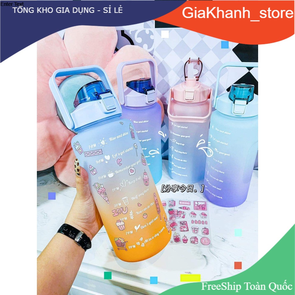 Bình Nước 2 Lít Dành Cho Người Lười Uống Nước , Bình Nước Cute 2L Có Ống Hút, Vạch Chia Nhắc Giờ