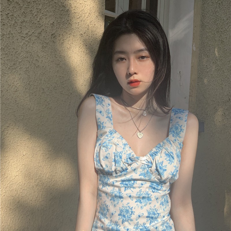 (ORDER) Váy hai dây hoa xanh pastel nhẹ nhàng cổ V cúp ngực dáng A line trẻ trung mùa hè