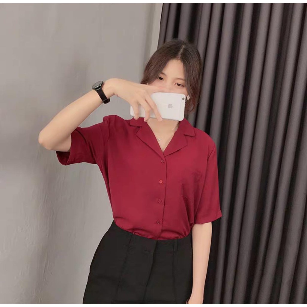 Áo sơ mi nữ cổ vest tay ngắn form rộng trẻ trung thanh lịch chất lụa mềm mịn mát ít nhăn- VUN02