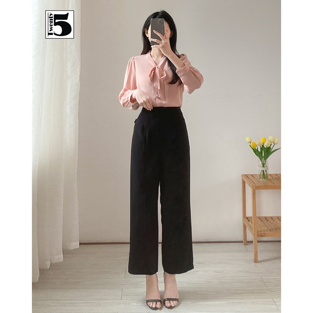 Áo sơ mi công sở nữ cổ thắt nơ tay bồng nhún Twentyfive N1040