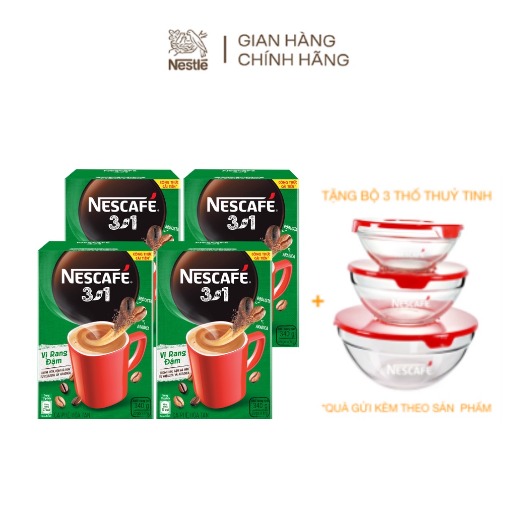Combo 4 hộp Cà phê hòa tan Nescafé 3in1 công thức cải tiến - vị rang đậm (Hộp 20 gói x17g)