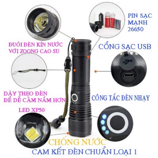 Đèn pin siêu sáng XHP50 chính hãng bản cao cấp tích điện dung lượng lớn, đèn pin mini bóng LED 3 chế độ sáng