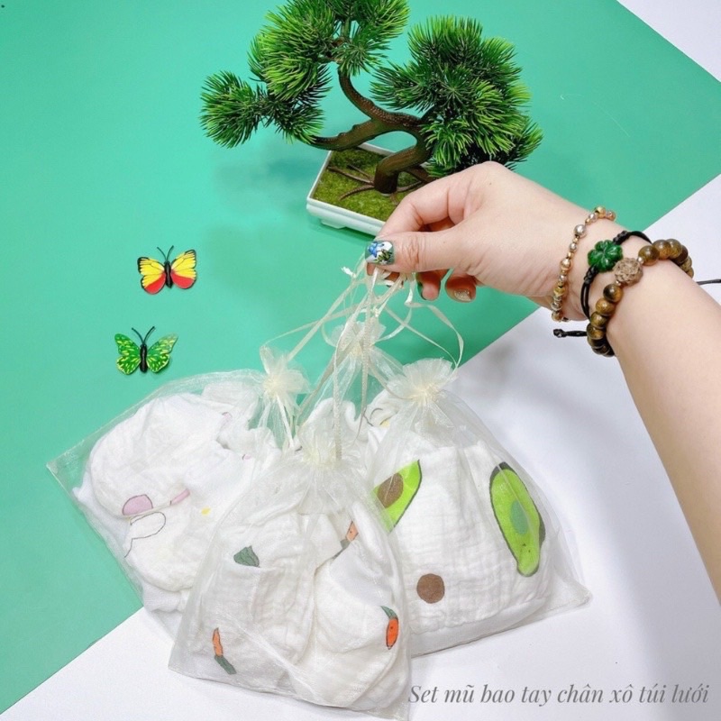 Set mũ bao tay chân xô aden hoạ tiết