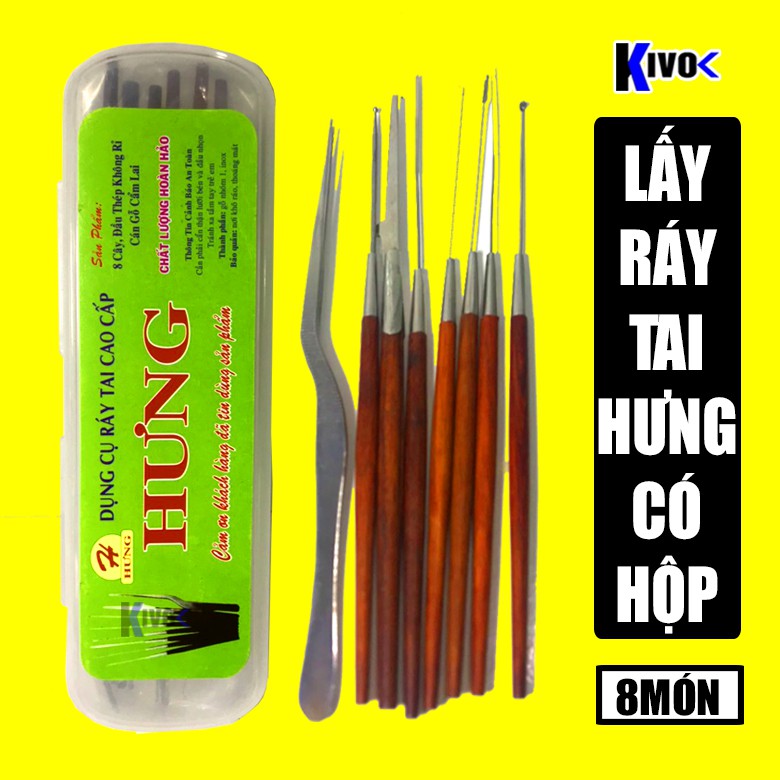 [CÓ HỘP] Bộ Dụng Cụ Lấy Ráy Tai Chuyên Nghiệp HƯNG 8 Món - Bộ Lấy Ráy Tai Cao Cấp Inox thông minh cho bé - Kivo