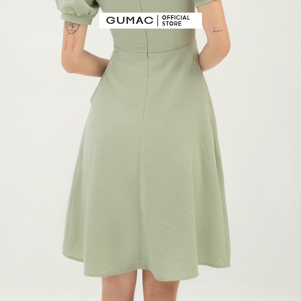 [Mã MABR07062 giảm 8% tối đa 50K đơn từ 249K] Đầm xòe nữ cổ vuông dằn chỉ GUMAC màu xanh trơn DB345 | BigBuy360 - bigbuy360.vn