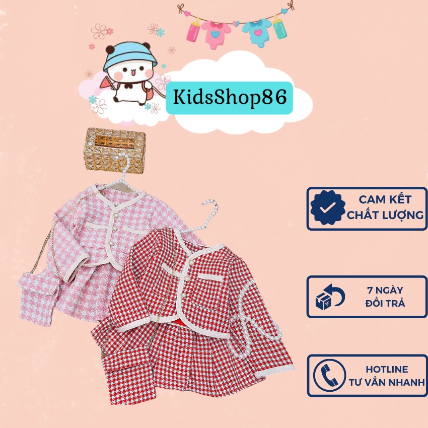 SET VÁY DẠ CADIGAN DÀI TAY HỌA TIẾT HOUNDSTOOTH KÈM TÚI ĐEO CỰC XINH CHO BÉ GÁI SIÊU ẤM ÁP SIZE 15-34KG [V28]
