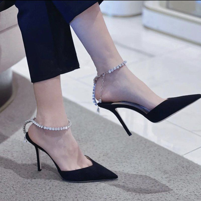 Giày Cao Gót Mũi Nhọn Đính Đá Thời Trang Xuân Hè Pháp Size 35-40 Màu Đen Sang Trọng Cho Nữ