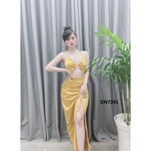 đầm body 2 dây hở ngực xẻ tà sexy