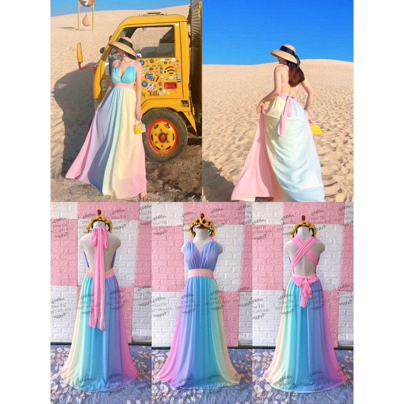 (miễn phí chỉnh váy) đầm maxi màu loang yếm hai dây cột nơ đi biển du lịch chụp hình sống ảo mix nhiều màu cầu vồng | BigBuy360 - bigbuy360.vn