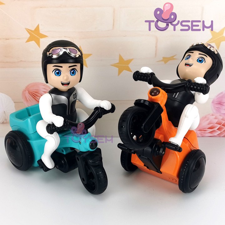 Xe đồ chơi trẻ em bé đi xe đạp xoay 360 độ Toysem có nhạc và đèn sáng 3 màu - Quà tặng sinh nhật, thôi nôi cho bé
