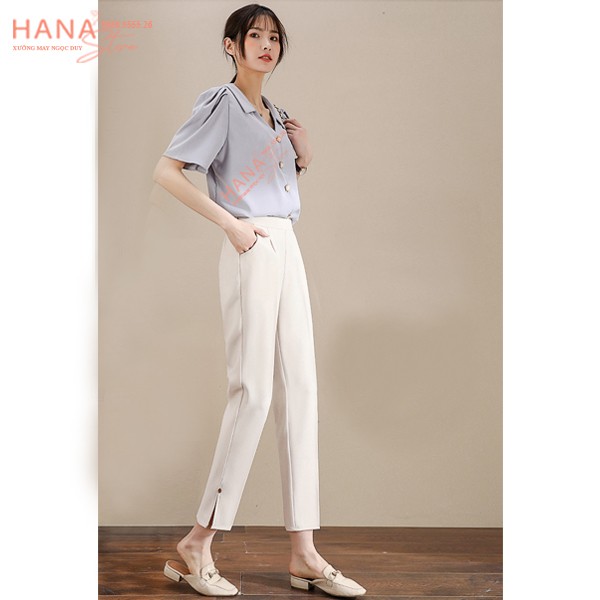 Quần tây dáng baggy công sở nữ dài khóa sườn xẻ ống gấu - Quần vải công sở dày mềm cạp lưng cao trên rốn mặc đi làm học