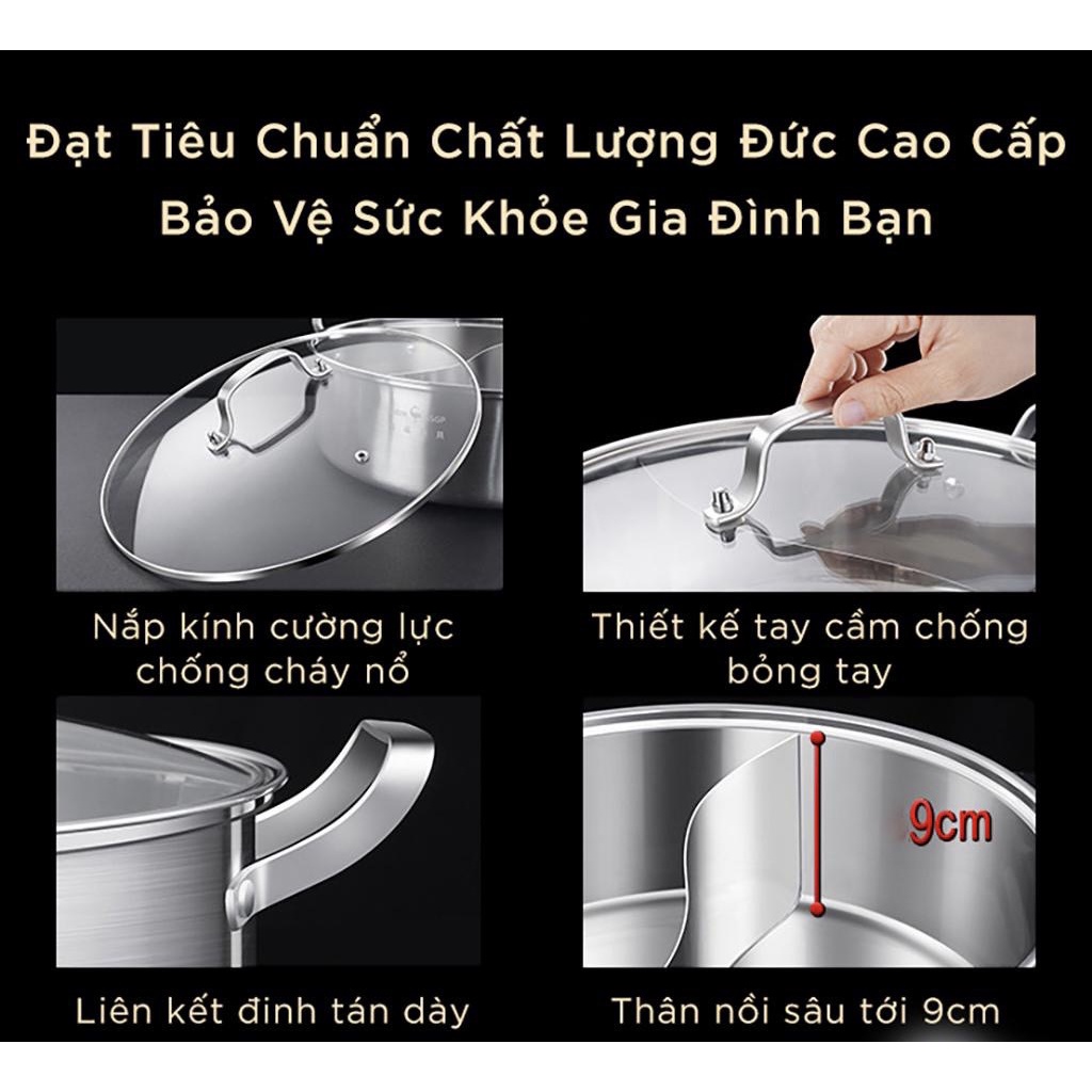 Nồi lẩu 2 ngăn dùng được bếp từ inox 304 cao cấp 28cm/30cm
