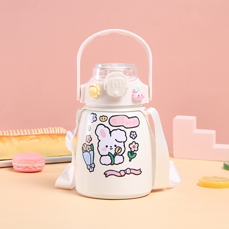 Bình giữ nhiệt cute inox 304 1000ML Daisy Decor bình nước cho bé - có dây đeo và sticker 2D