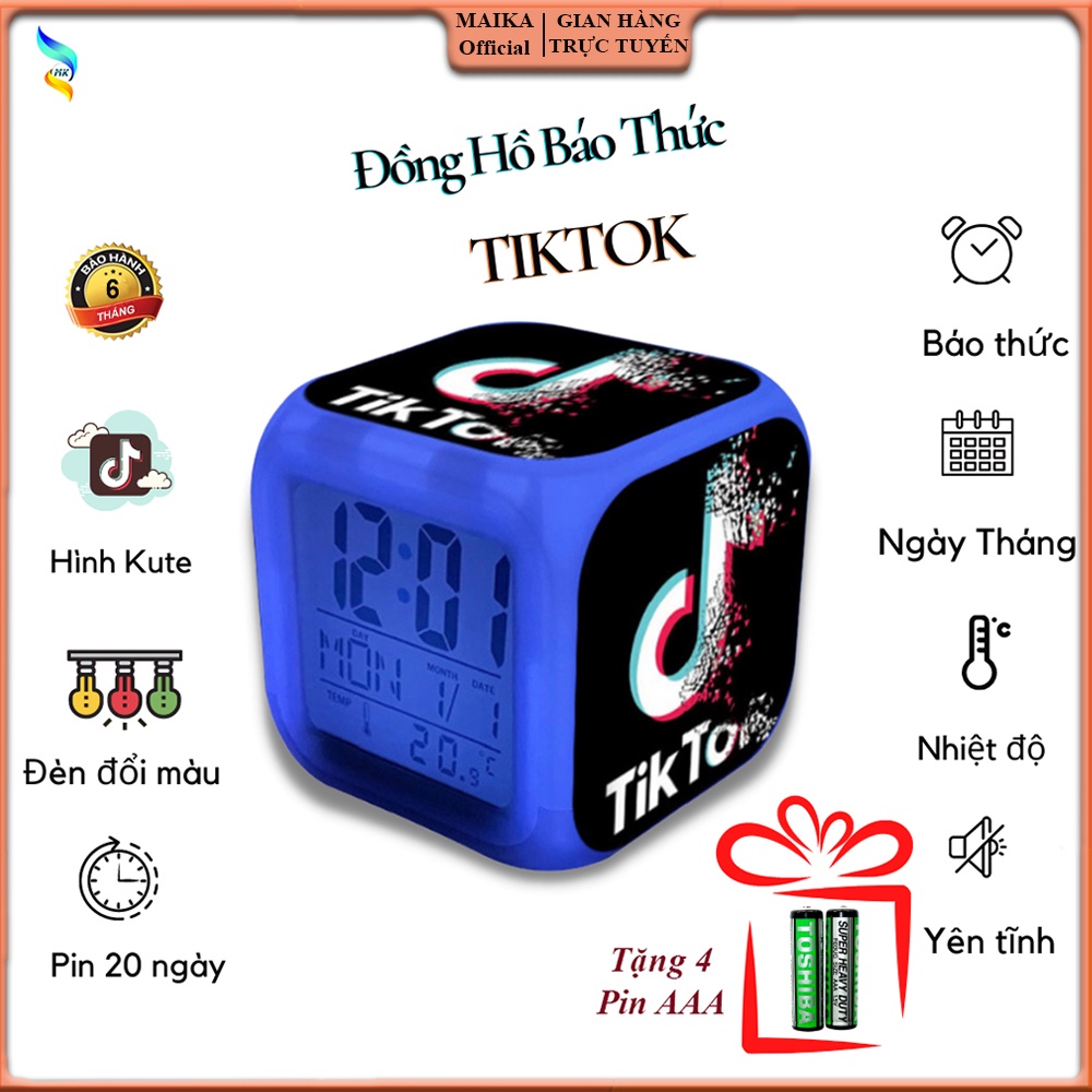 [Cute] Đồng Hồ Báo Thức Để Bàn in Hình Biểu Tượng Tiktok 2021 LED Đổi Màu. Hiển Thị Ngày Tháng, Nhiệt Độ. Tặng 4 Pin AAA