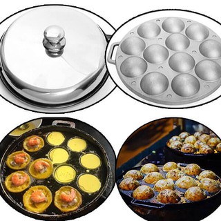 Chảo Gang Làm Bánh Khọt 12 Lỗ Gang Dày Nặng Chống Dính Có Nắp Dragon