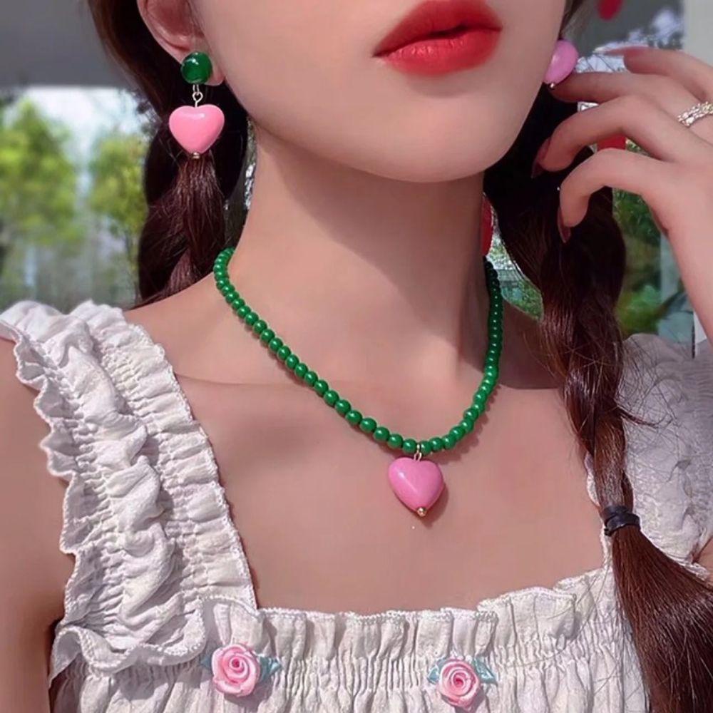 Bộ Vòng cổ + Bông Tai Hình Trái Tim Màu Hồng Thời Trang Cho Nữ