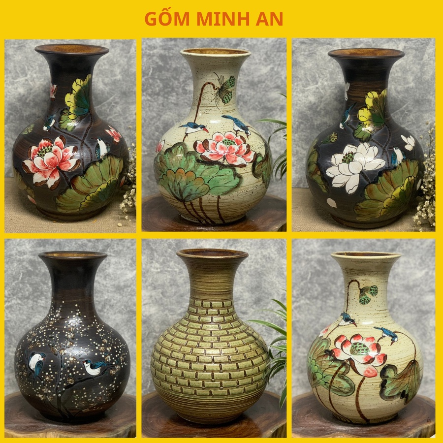Bình Hoa Lọ Hoa Gốm Dáng Phệ Cổ Cao Vẽ Hoa Văn, Khắc Nổi Gốm Sứ Bát Tràng- Gốm Minh An