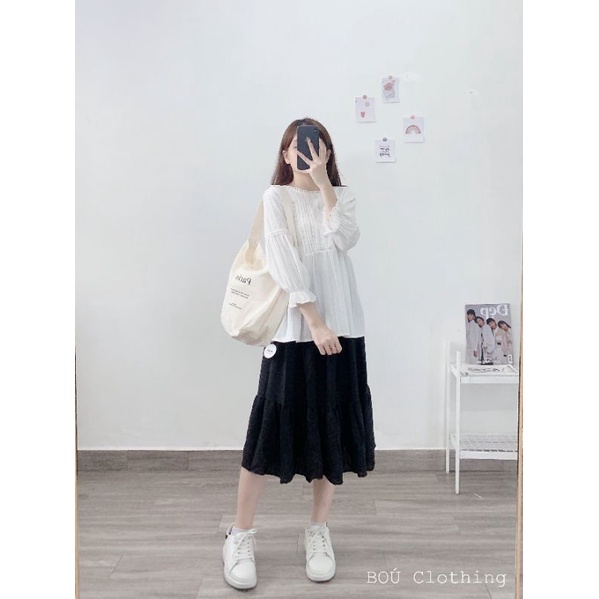 ( Ảnh thật)  Áo babydoll nút bọc trắng