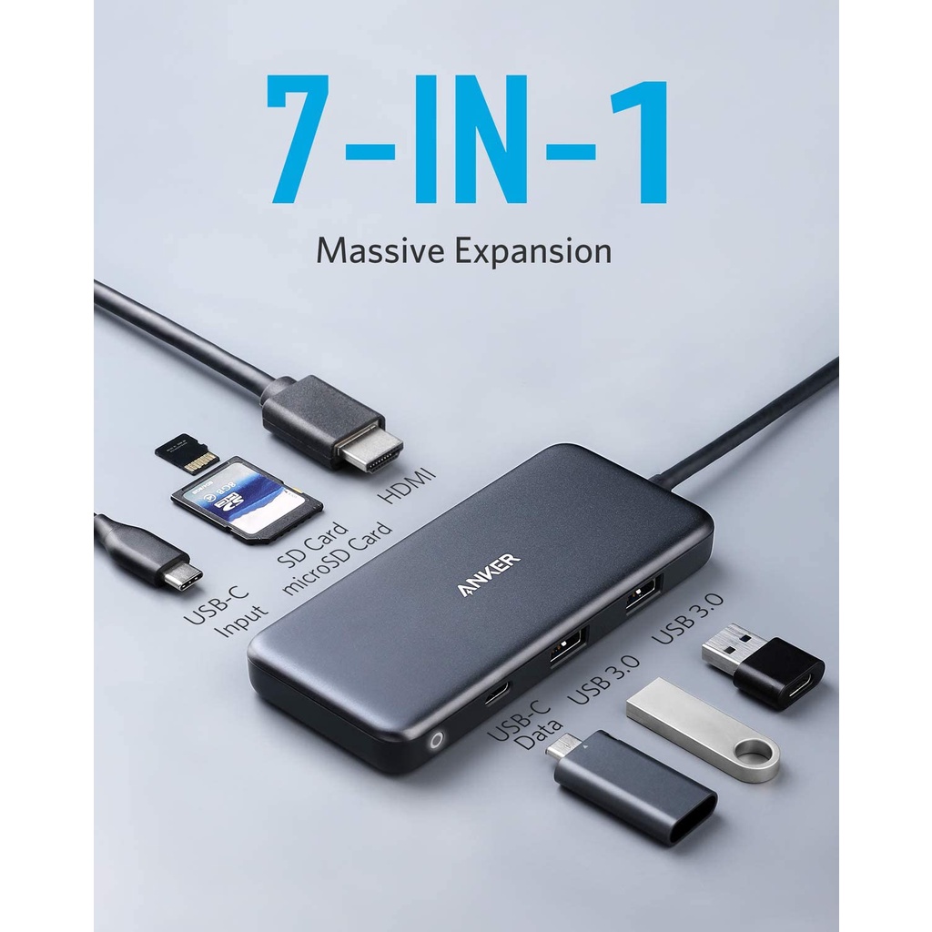 BỘ CHUYỂN/CHIA Anker USB-C 7 TRONG 1, 4K USB-C HDMI, CỔNG SẠC 100W, 2 CỔNG USB-A 5Gbps, ĐỌC THẺ SD &amp; Micro SD, NHẬP MỸ