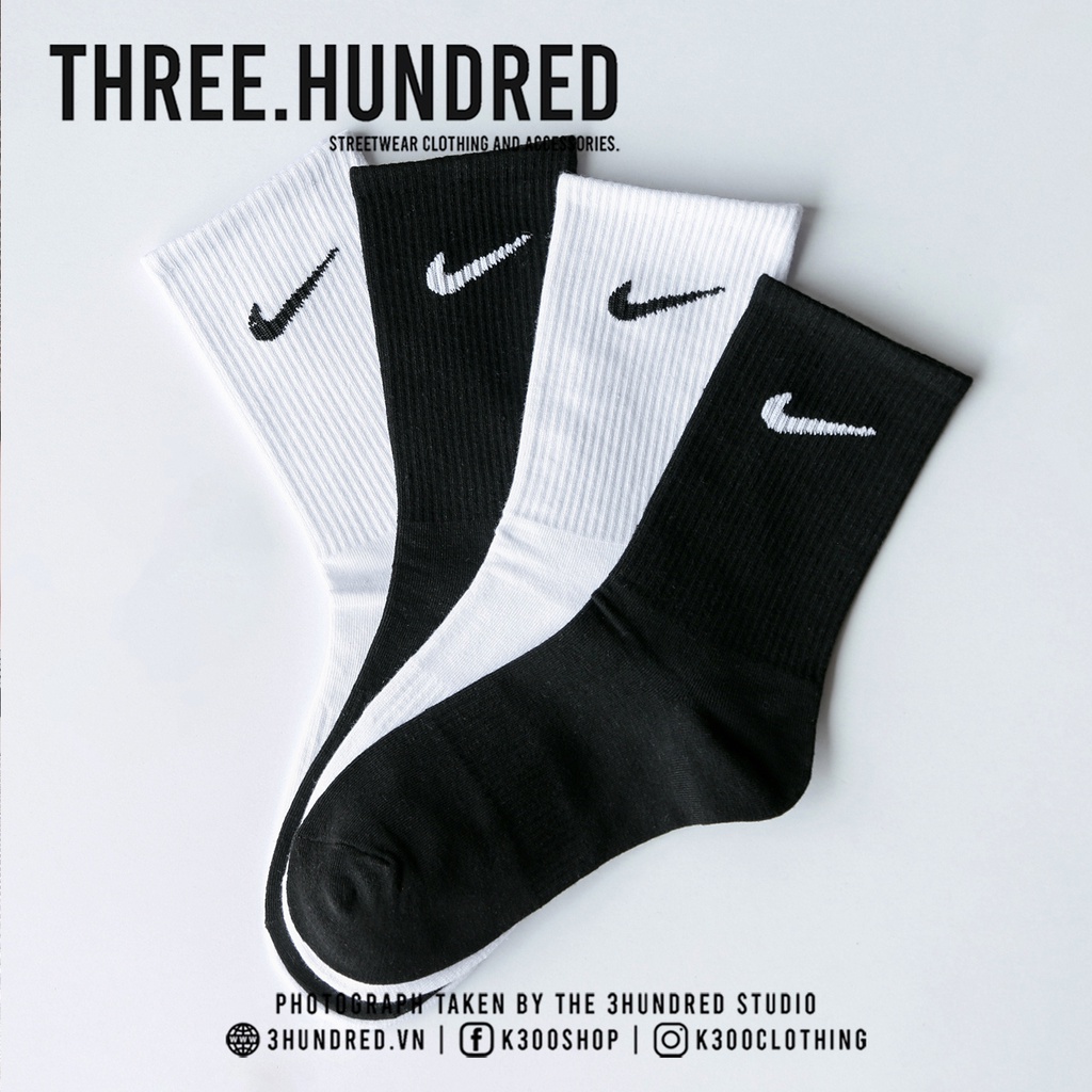 Vớ Nike Thể Thao Màu Trắng Đen Chất Liệu 100% Cotton Dệt Kim Co Giãn Tốt