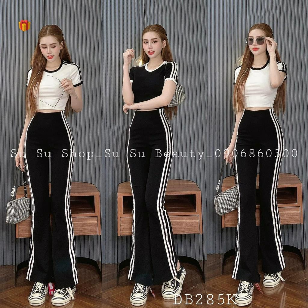 set áo thun kèm quần dài sọc thun gân ôm dáng mịn