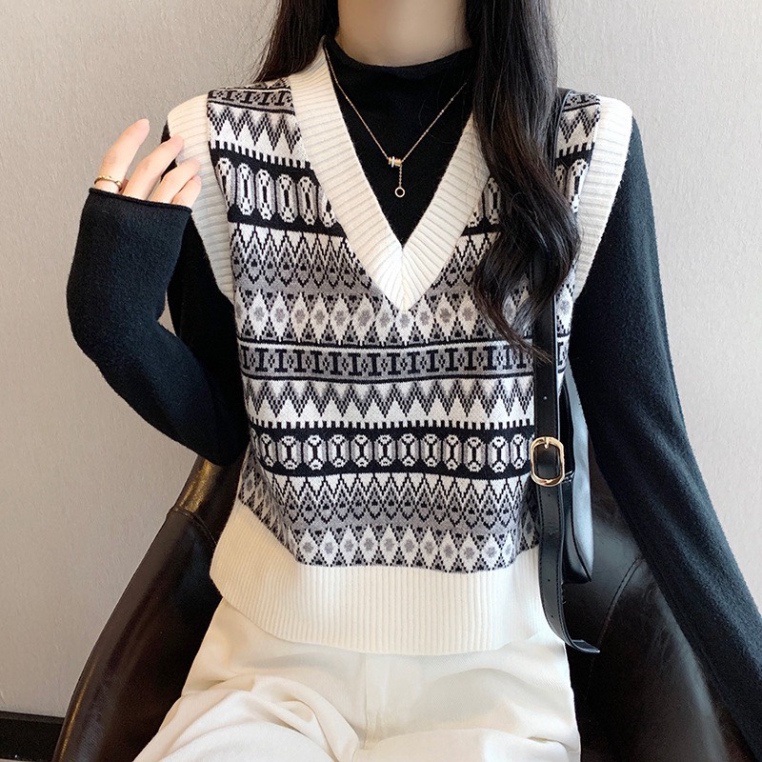 áo gile len,áo ghile thổ cẩm hoạ tiết đen trắng hàng quảng châu cao cấp A650 Noiyxanh nội y xanh chất len quảng châu