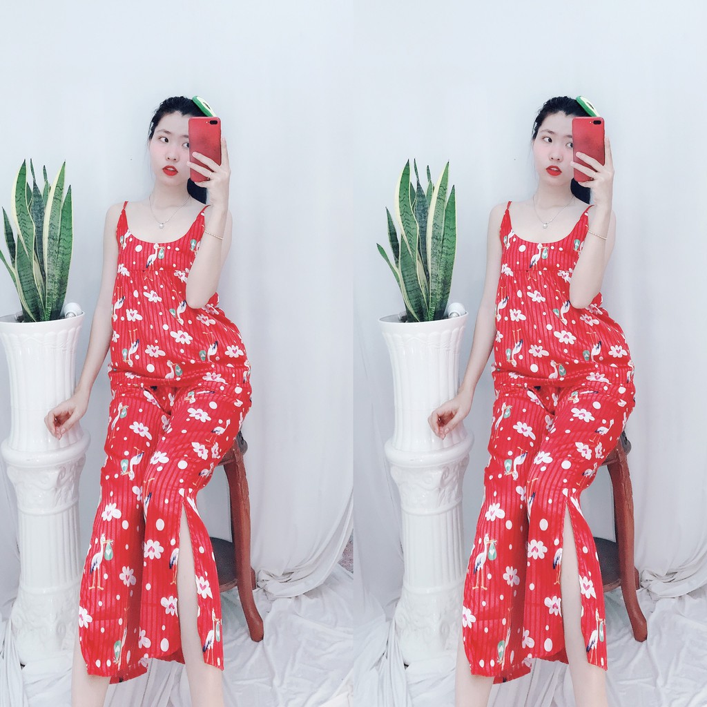 Đồ Bộ Nữ Mặc Nhà Lụa Gấm Pijama Quảng Châu Hai Dây Quyến Rũ