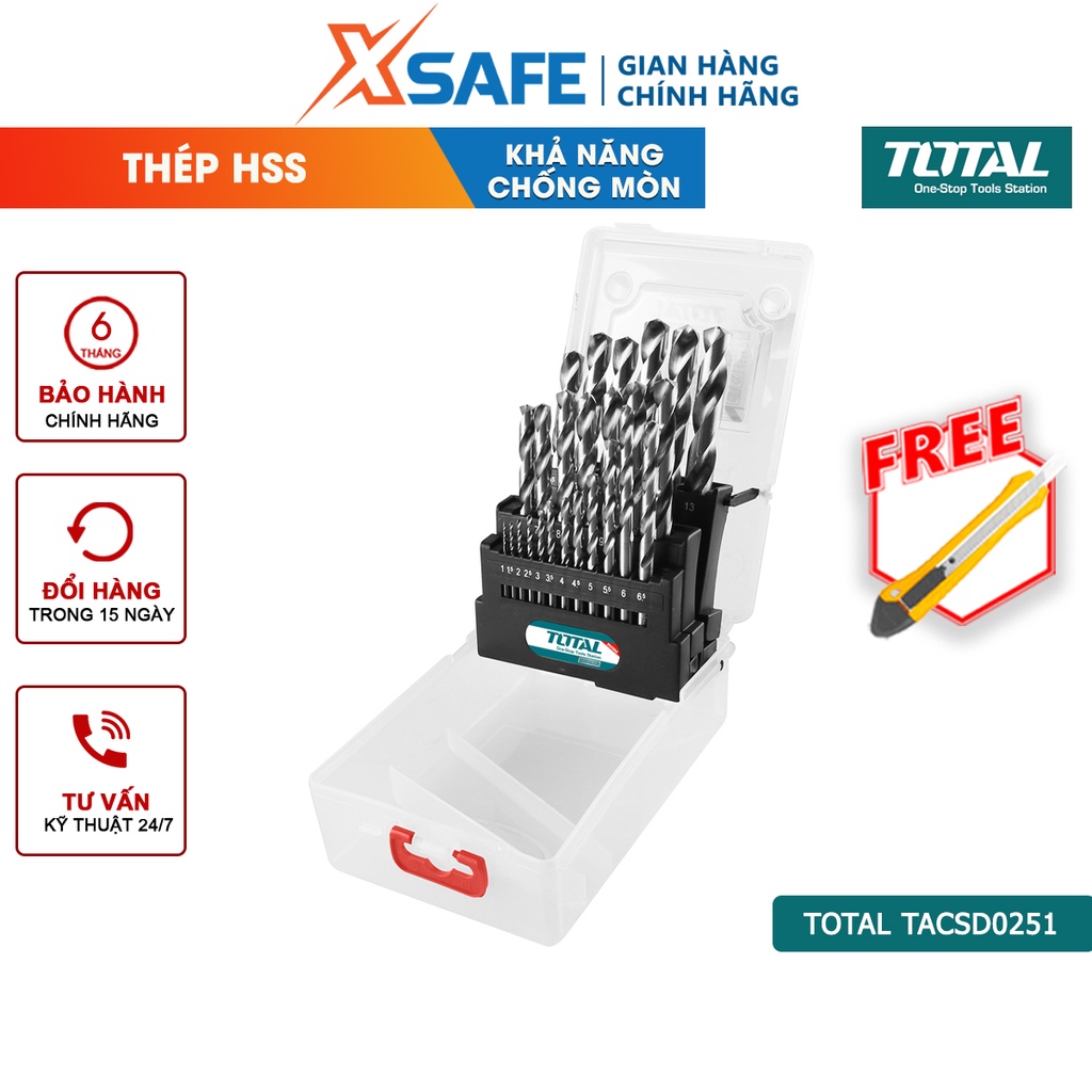 Bộ mũi khoan kim loại HSS 25 chi tiết TOTAL TACSD0251 kích thước từ 1-13mm/0.5mm, thép M2 tốc độ cao