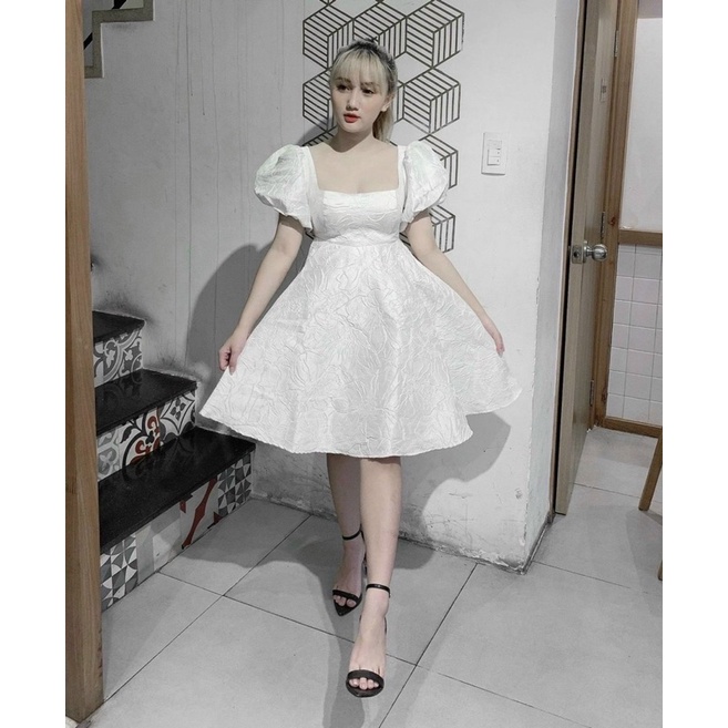 ĐẦM BBD GẤM HOA TAY BỒNG NƠ LƯNG CUT OUT