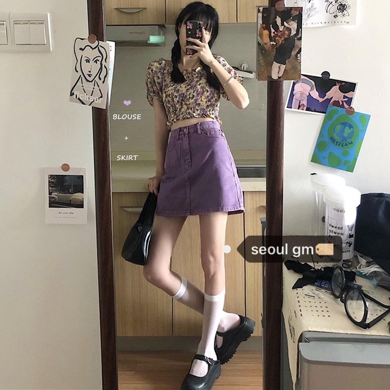 Chân váy jean Chữ A Lưng Cao Màu Tím Phong Cách Retro Cho Nữ Sinh