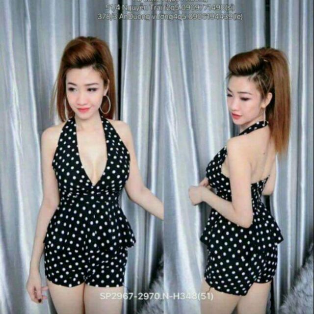 sét áo cổ yếm chấm bi quần short