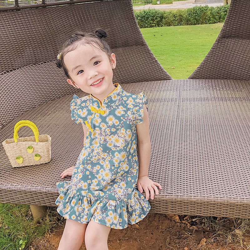 Đầm sườn xám họa tiết hoa thiết kế mới thời trang mùa hè theo phong cách Trung Hoa cho bé gái