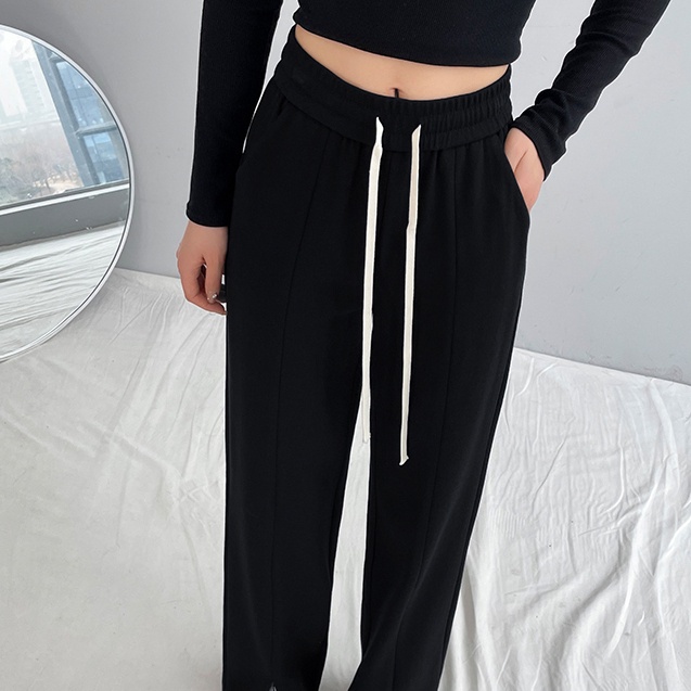 SUXI Quần Dài Ống Rộng Màu Đen Lưng Cao Phối Dây Rút Thiết Kế Đơn Giản Cho Nữ