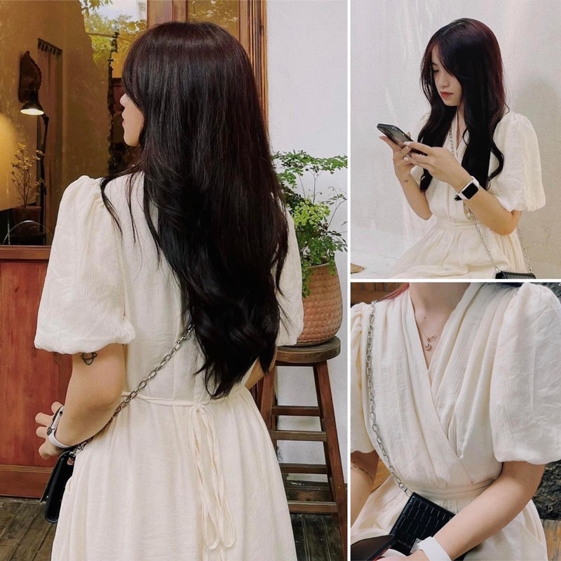 Đầm - Váy tiểu thư tơ đũi dáng dài cổ V BUỘC EO tay bồng màu pastel xinh xắn