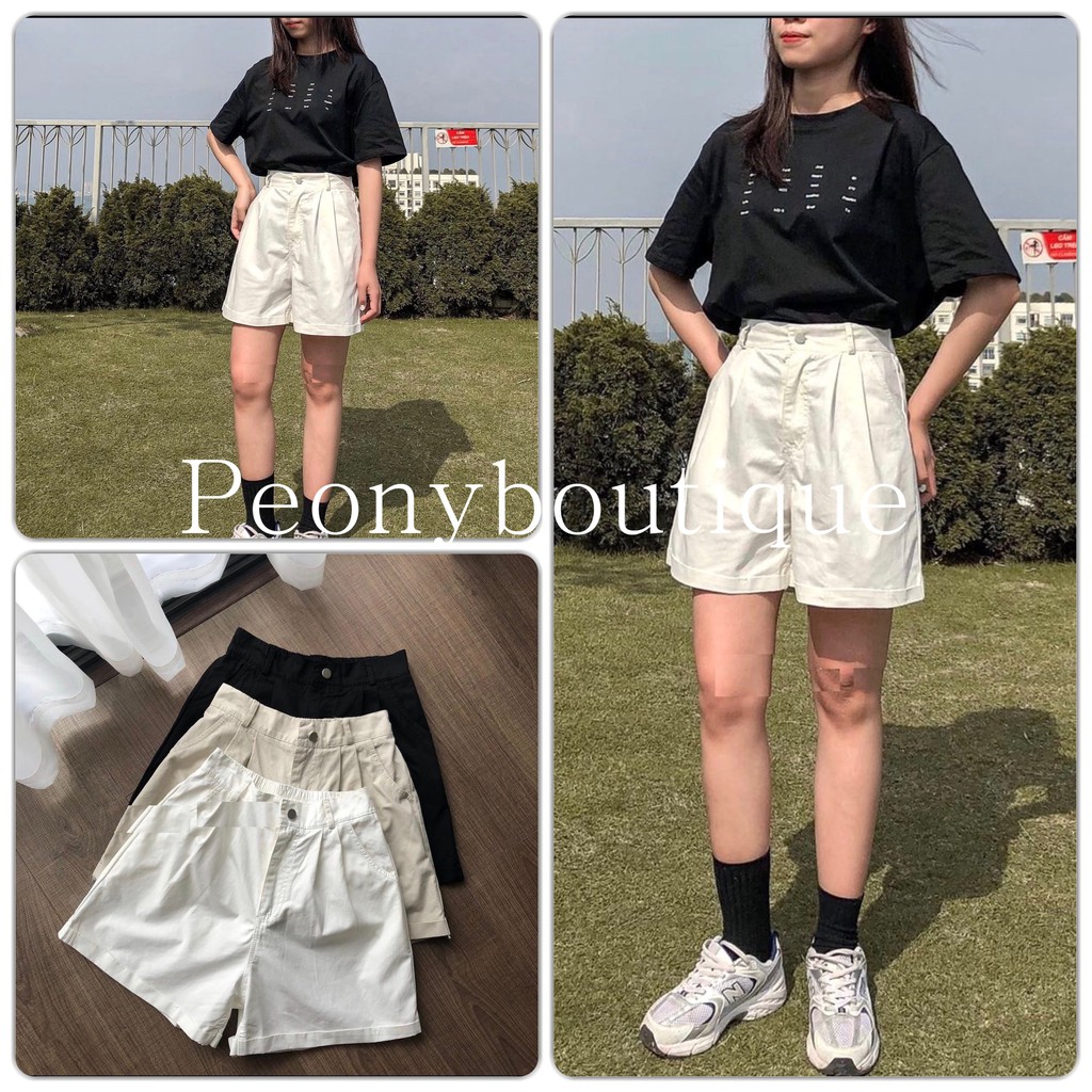 Quần Short Kaki 3 Màu PEONYB Nữ [FREESHIP]  Shorts khaki sắn gấu cạp khuy lưng thun màu ĐEN | TRẮNG | BE Ulzzang