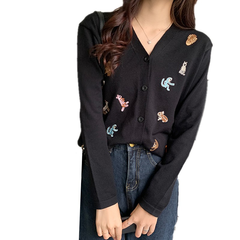 Áo khoác Cardigan dệt kim cổ chữ V dáng rộng thêu họa tiết xinh xắn