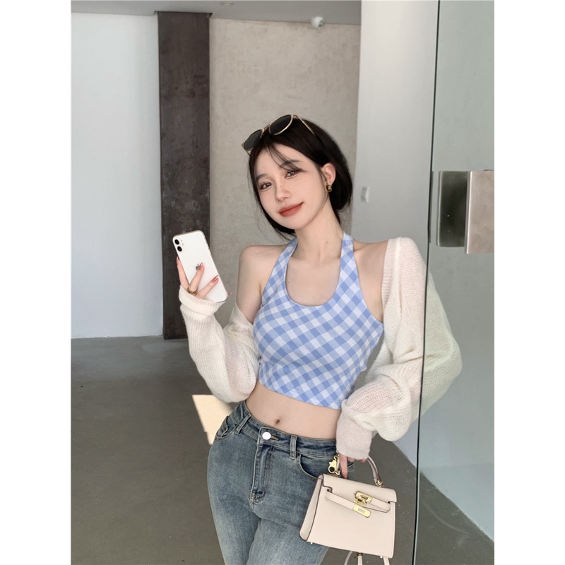 Áo hai dây Cổ Yếm Kẻ Sọc Caro Nhiều Màu Sắc Ngọt Ngào Kiểu Mỹ Cổ Điển