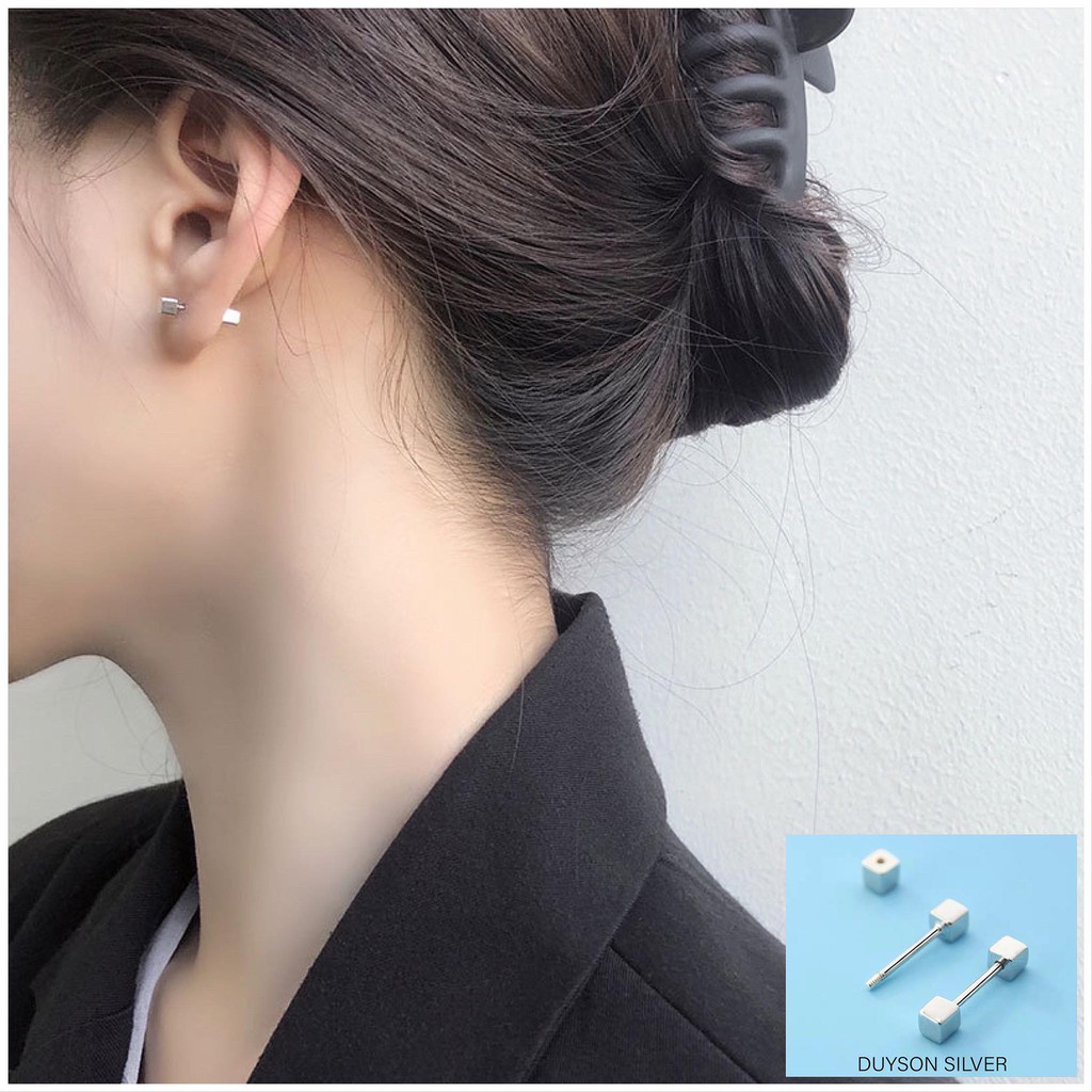 Khuyên lập phương chốt ren xoáy nữ bạc 925