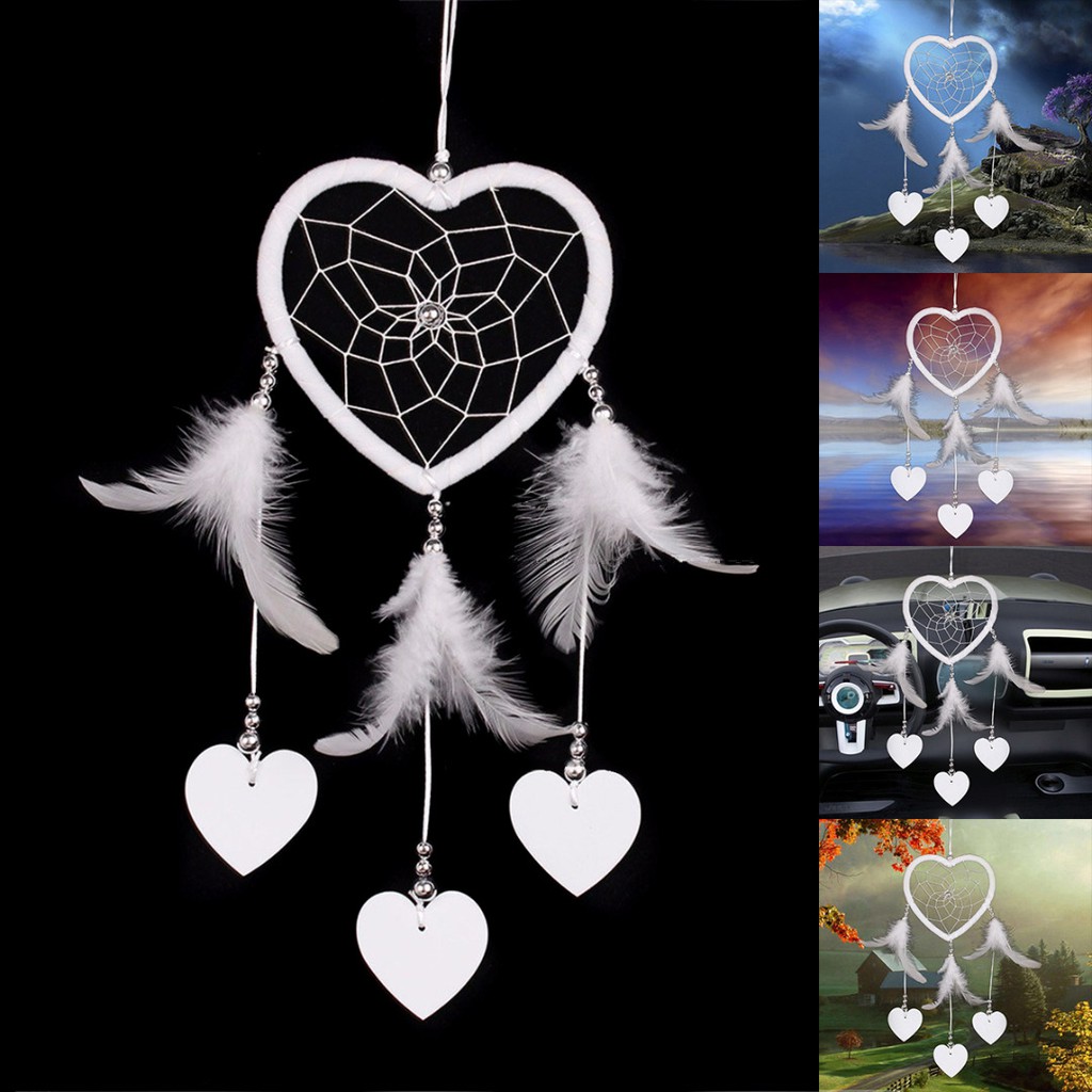 Dreamcatcher hình trái tim trắng nhỏ đính lông vũ xinh xắn trang trí nhà cửa