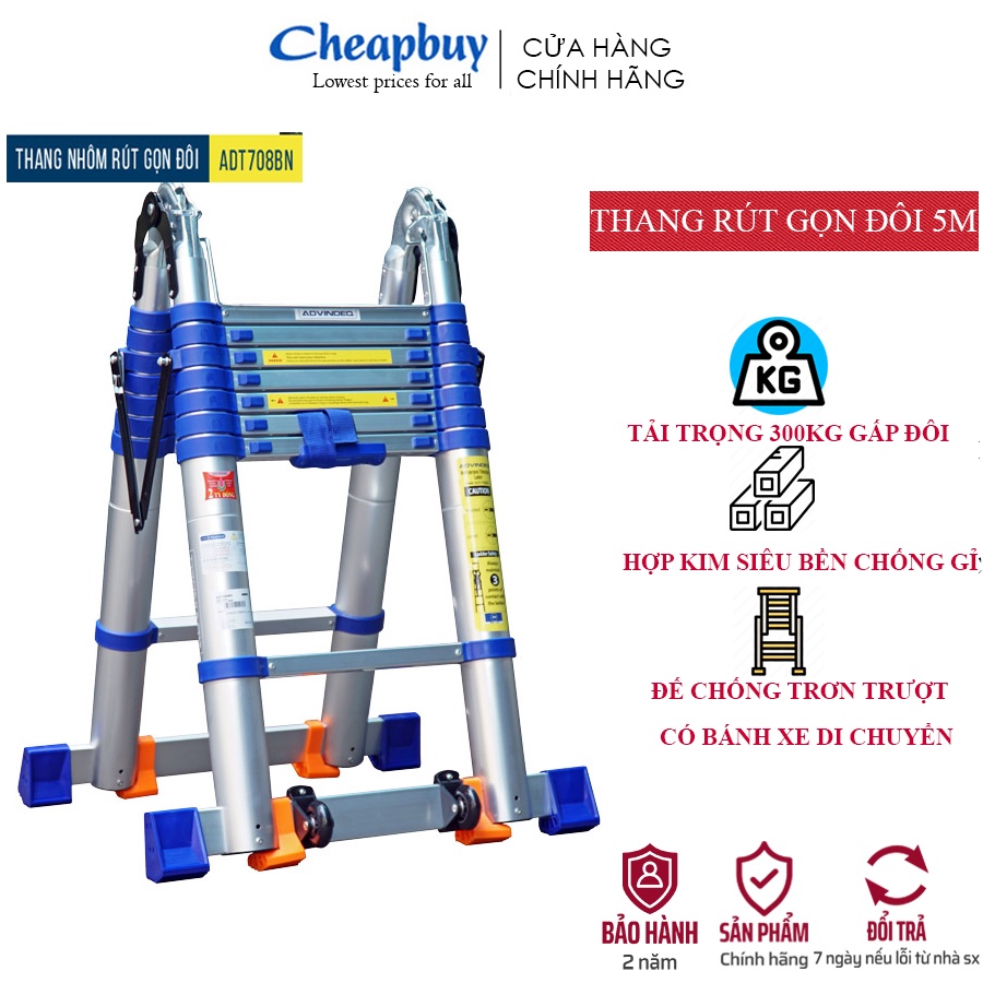 Thang nhôm rút chữ A nhập khẩu 5M gấp gọn chính hãng ADVINDEQ ADT708BN chống trượt, bánh xe di chuyển -Bảo hành 2 năm