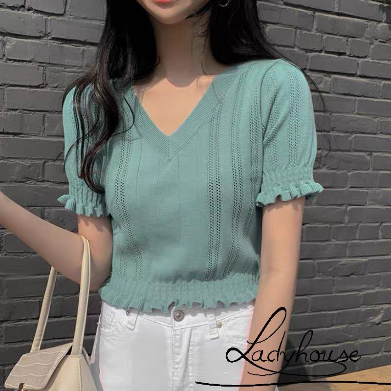 Áo Thun Dệt Kim Tay Ngắn Cổ Chữ V Màu Trơn Thời Trang Cho Nữ