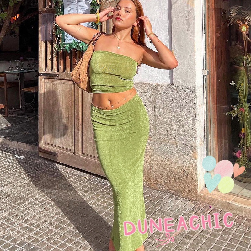 Set Áo Croptop 2 Dây + Chân Váy Dài Màu Trơn Thời Trang Cho Nữ