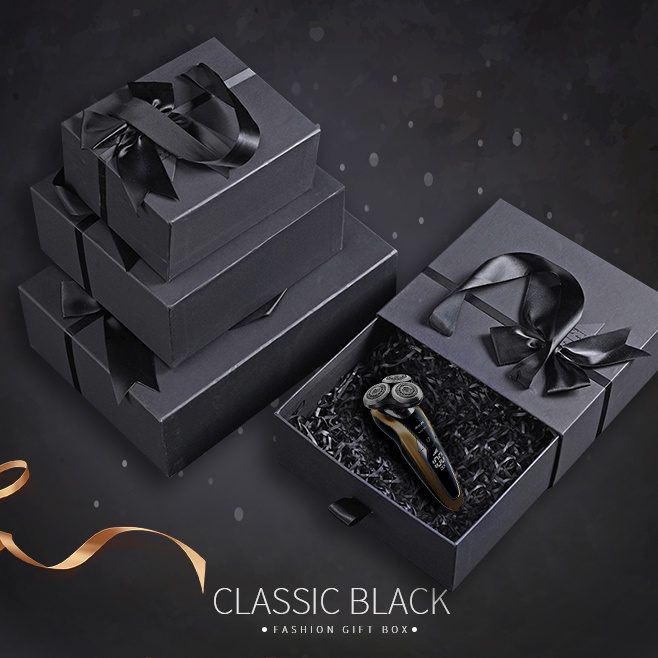Set hộp giấy bìa cứng đen sang trọng có nơ tặng sinh nhật bạn gái bạn trai đối tác, valentine, ngày lễ có quai