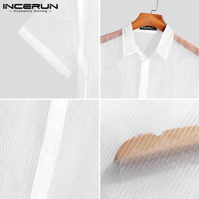 Áo sơ mi INCERUN tay ngắn họa tiết kẻ sọc thời trang cho nam