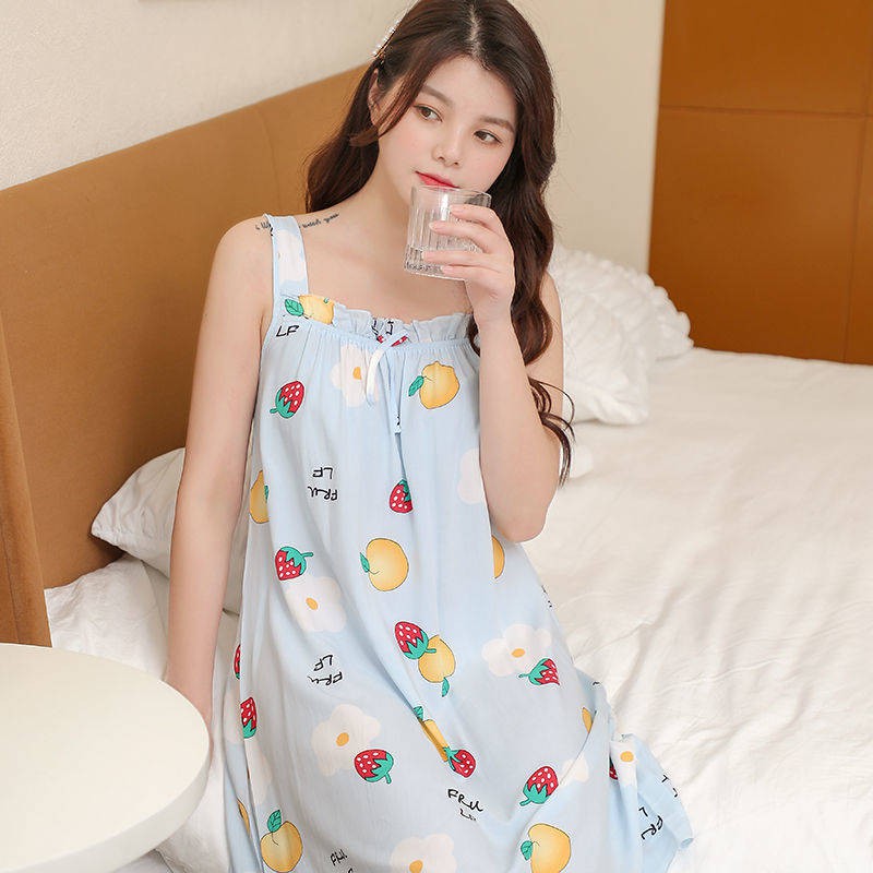 quyến rũ&kích thích& ☛Phiên bản Hàn Quốc của phụ nữ mùa hè của áo lụa cotton rộng rãi ngủ rộng băng thông rộng công chúa
