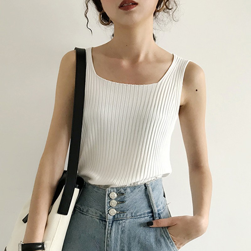 Women's Square Collar Sleeveless Knitted Crop Tank Top | BigBuy360 - bigbuy360.vn