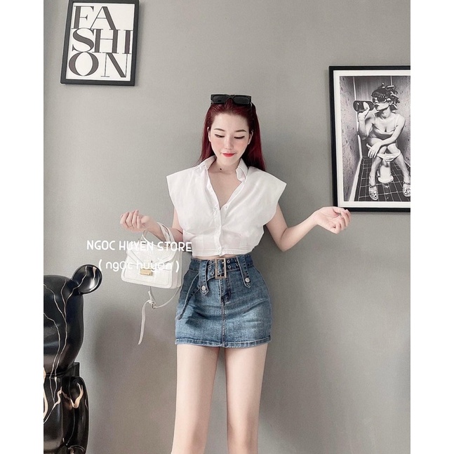Chân váy bò ngắn kèm đai oze