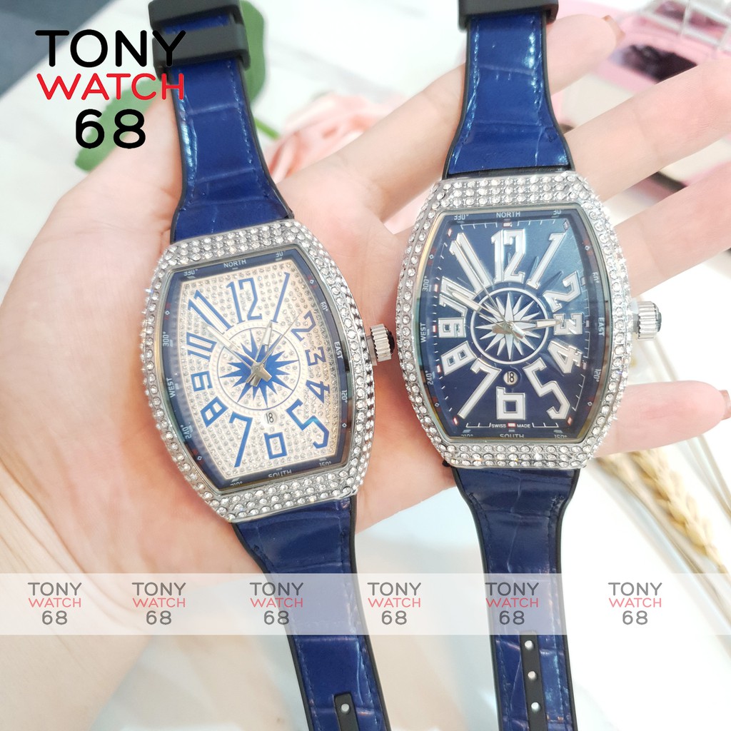 Đồng hồ nam FM bầu dục đính đá khóa thông minh dây cao su bọc da siêu bền chính hãng Tony Watch 68