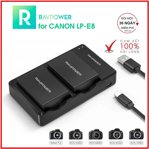 Bộ 2 pin và sạc Canon LP-E8 hãng RAVPower RP-BC019 cho EOS 550D, EOS 600D, EOS 650D, EOS 700D, Rebel T2i, T3i, T4i