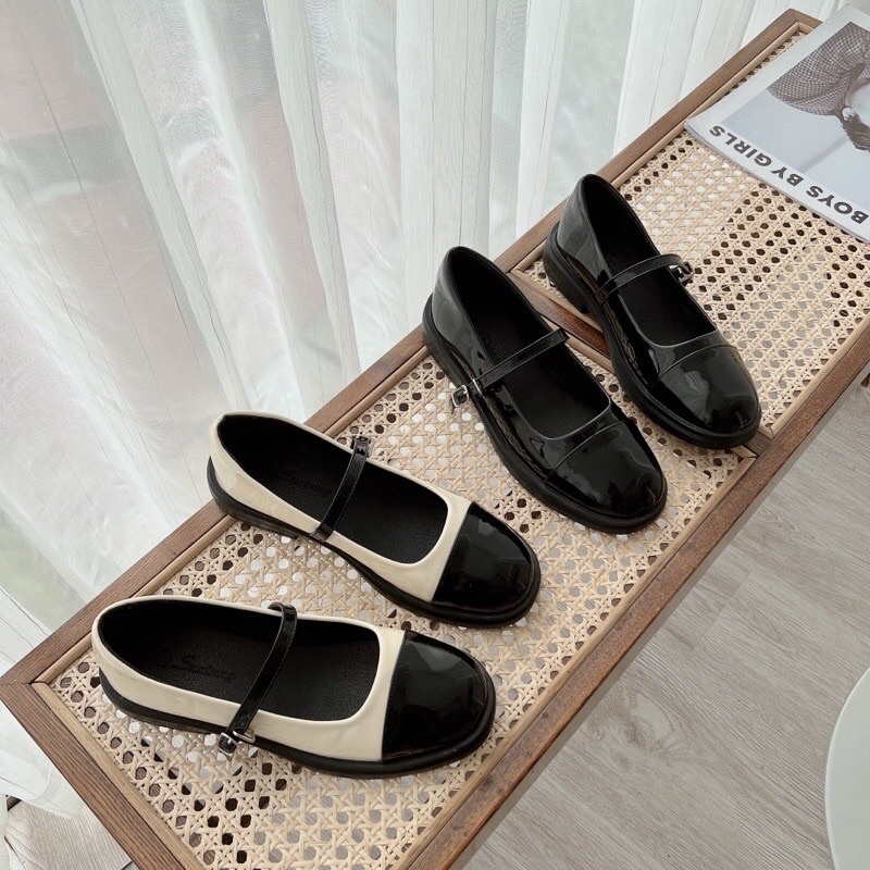 Giày búp bê da bóng vá mũi phong cách retro Hàn Quốc cho nữ mã V444